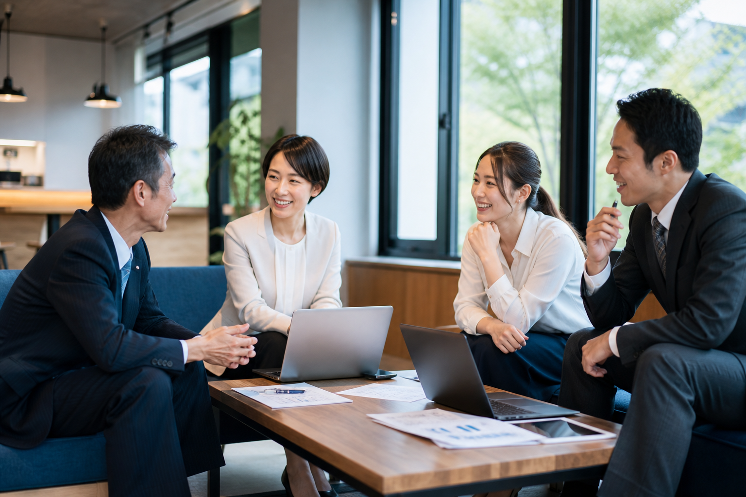 会議室で打ち合わせするスタッフ